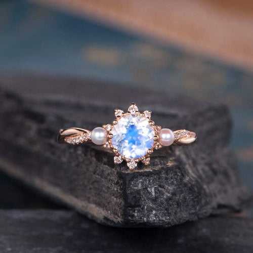 14Kt Gold Solitaire Moonstone, Pearl,  Halo Natural Diamond Engagement/Wedding Ring