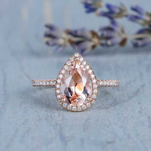14Kt Gold Pear Shape Morganite, Natural Diamond Engagement/Wedding Ring