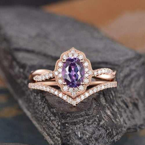 14Kt Gold Set2 Solitaire Oval Shape Alexandrite, Halo Infinity Eternity Natural DiamondNatural Diamond Engagement/Wedding Ring