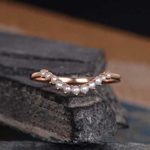 14Kt Gold Pearl Chevron V Shaped Curved Half Eternity Band Engagement/Wedding Ring