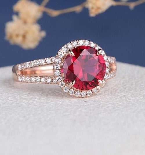 14Kt Gold Solitaire Red Ruby, Halo Natural Diamond Engagement/Wedding Ring