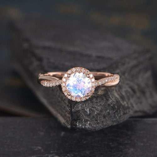 14Kt Gold Solitaire Moonstone, Halo Eternity Natural Diamond Engagement/Wedding Ring