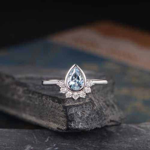 14Kt Gold Solitaire Pear Shape Aquamarine, Bezel Setting, Chevron Natural Diamond Engagement/Wedding Ring