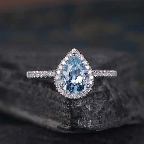 14Kt Gold Solitaire Pear Shape Aquamarine, Natural Diamond Engagement/Wedding Ring
