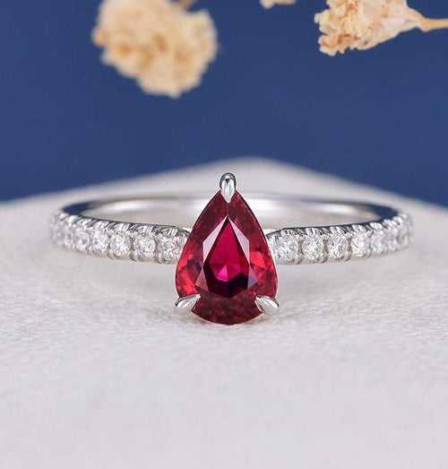 14Kt Gold Solitaire Red Ruby Pear Shape, Natural Diamond Engagement/Wedding Ring