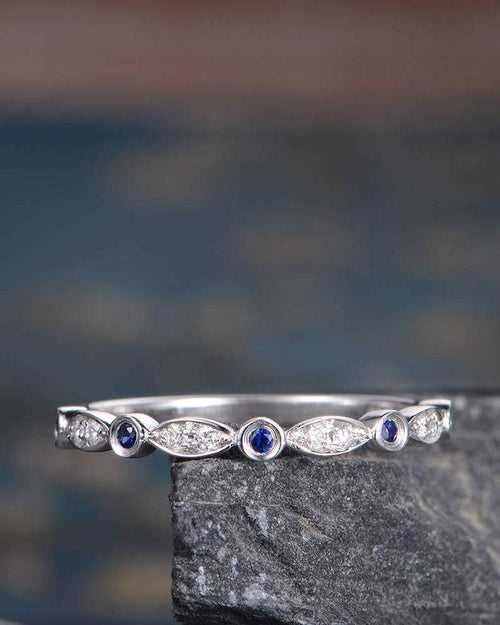 14Kt Gold Marquise Shape, Sapphire, Half Eternity Natural Diamond Band Engagement/Wedding Ring