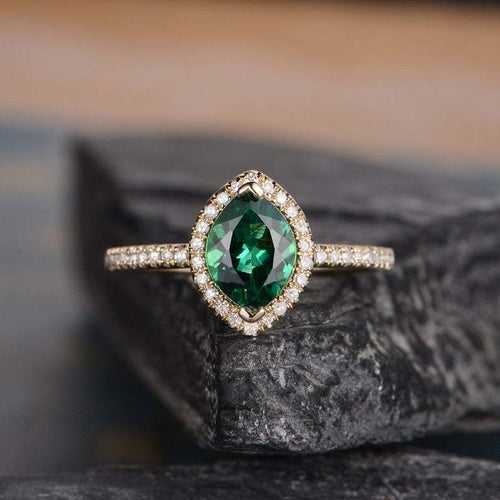 14Kt Gold Solitaire Marquise Shape Emerald, Halo Natural Diamond Engagement/Wedding Ring