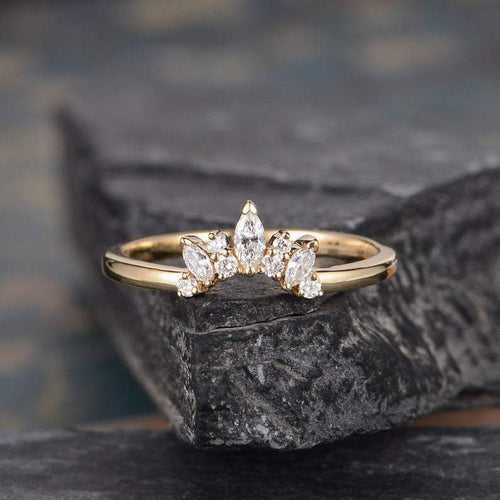 14Kt Gold Chevron V Shaped Curved Marquise Cut Natural Diamond Band Engagement/Wedding Ring