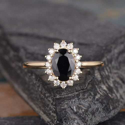 14Kt Gold Solitaire Black Oval Shape, Natural Diamond Engagement/Wedding Ring