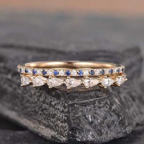14Kt Gold Set 2, Blue Sapphire, Eternity Pear Cut Natural Diamond Band Engagement/Wedding Ring