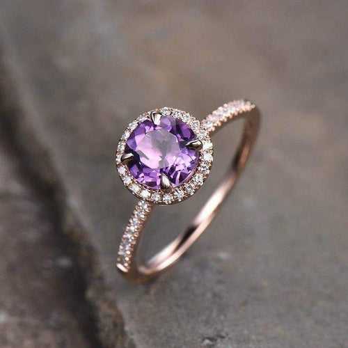 14Kt Gold Solitaire Round Shape Amethyst, Natural Diamond Engagement/Wedding Ring