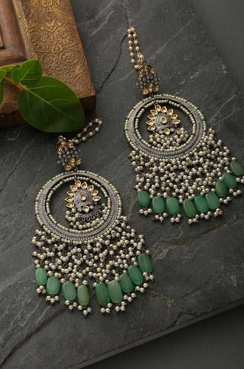 Idika Green Kundan And Pearls Chandbali Earrings