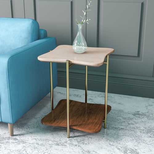 Ellon Ceramic Top With Wooden Shelf Side Table (Gold)