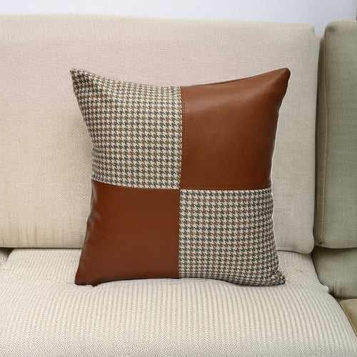 Houndstooth Pattern Fabric and Leatherette 16" x 16" Cushion Cover (Beige & Tan)
