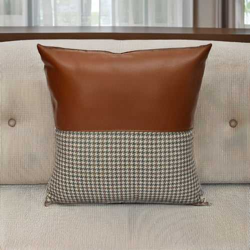 Houndstooth with Solid Pattern Fabric & Leatherette 16" x 16" Cushion Cover (Beige & Tan)