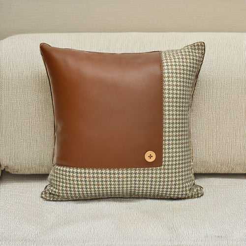 Houndstooth with Solid Patch Fabric and Leatherette 16" x 16" Cushion Cover (Beige & Tan)