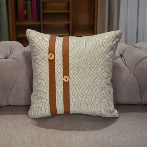 Abstract with Straps Fabric & Leatherette 16" x 16" Cushion Cover (Beige & Brown)