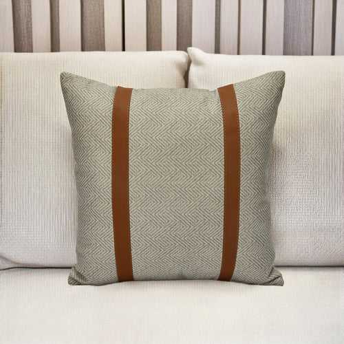 Abstract Fabric & Leatherette 16" x 16" Cushion Cover (Beige & Brown)