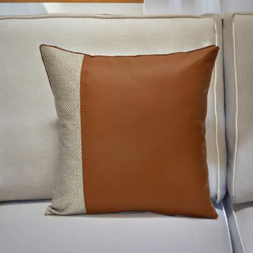 Abstract Fabric & Leatherette 16" x 16" Cushion Cover (Beige & Brown)