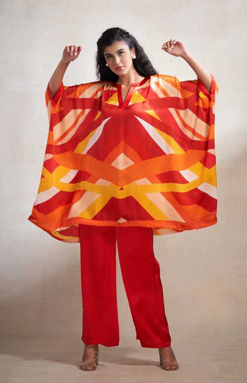 Red & Orange Abstract Poncho Kurta