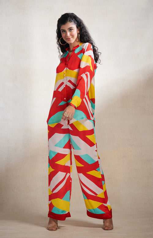 Red & Blue Abstract Straight Pants