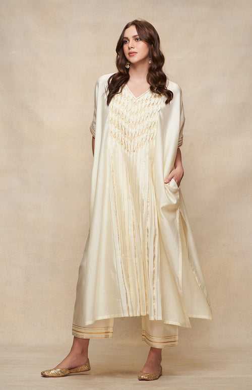 Off White Gota Pleated Kaftan