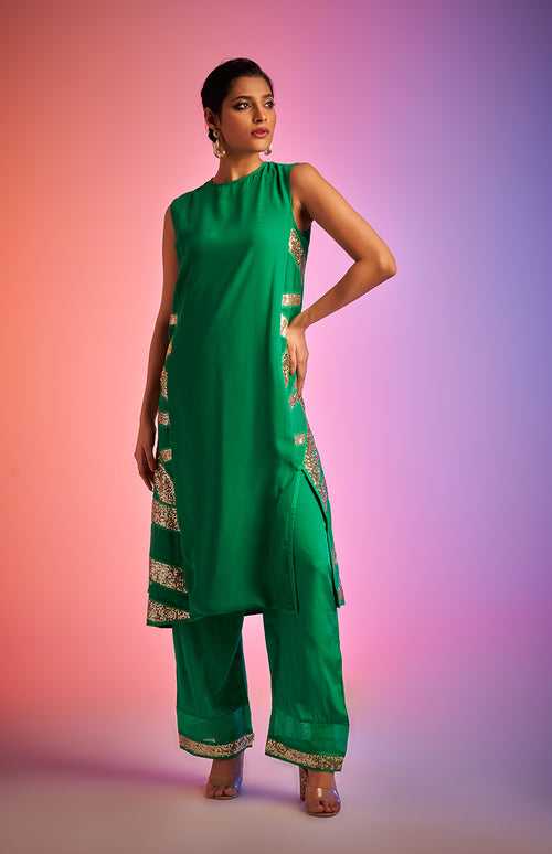 Green Sequins Sleeveless Kurta