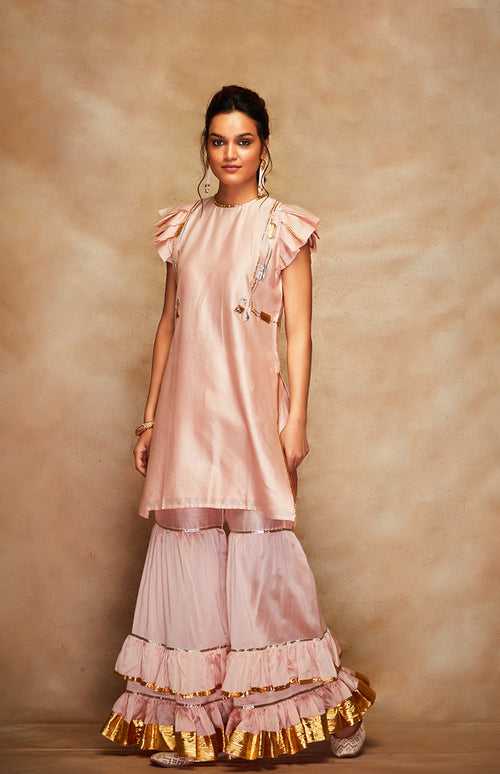 Peach Chanderi Silk Gota Short Kurta