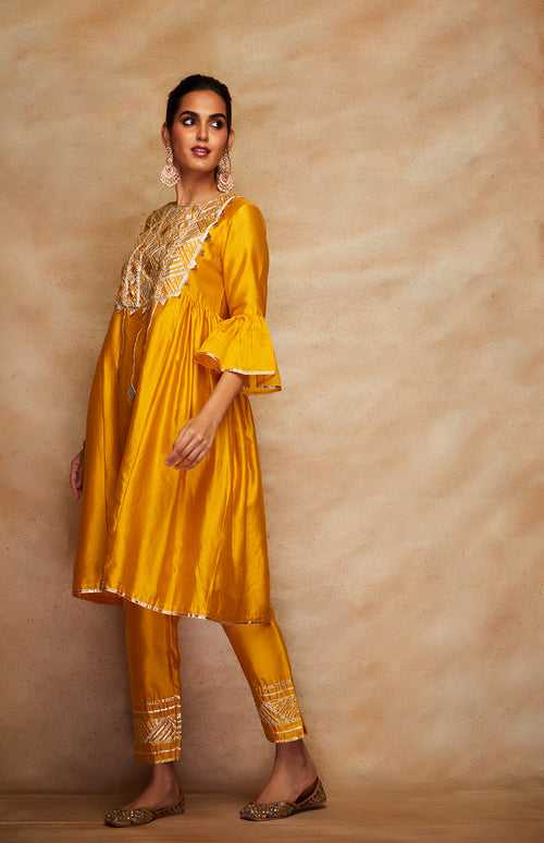 Mustard Chanderi Silk Gota Pencil Pants