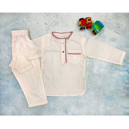 White Cotton Mul Kurta Pajama For Boys