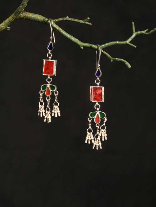 Silver Ruby Red Glass Earrings