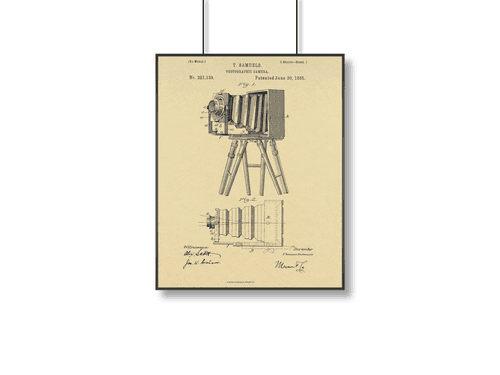 Large Format View Camera with Tripod Patent Poster | A3+ | Brown Background
