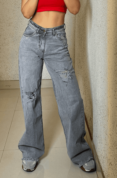 Miss Distress Grey Stretch Wide Leg Jeans