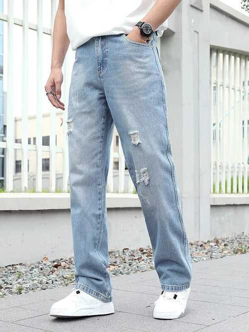 Distress Light Blue Baggy Fit Jeans