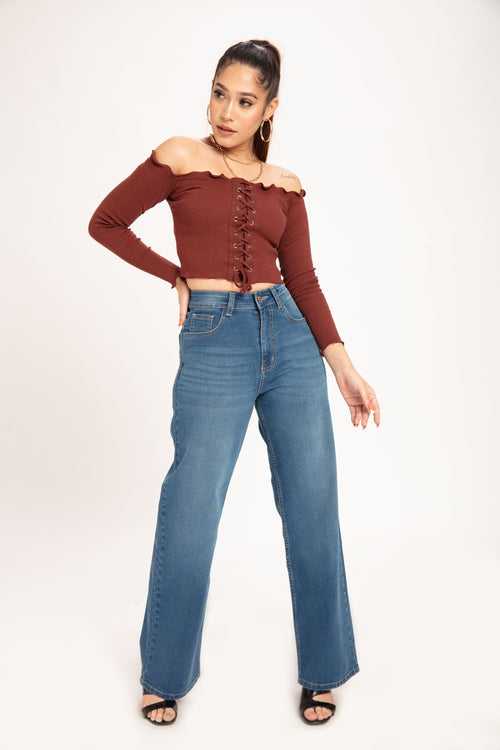 School Blue Korean stretchable wide Leg jeans