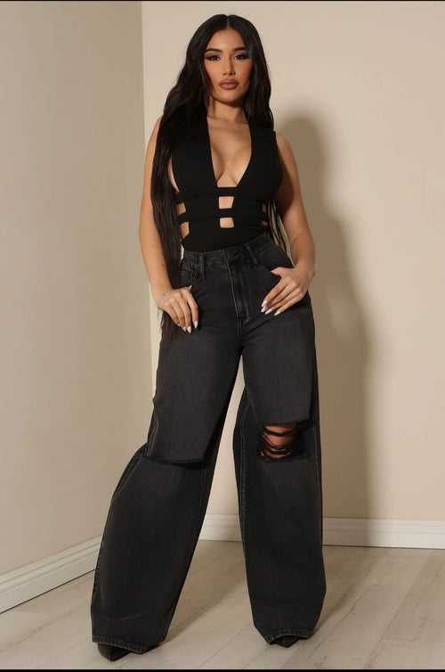 Black All Out Distress High Rise Wide Leg Jeans