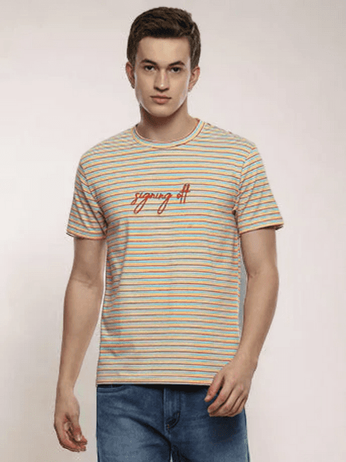 Signing Off Men's Yellow Embroidered Stripes T-shirt