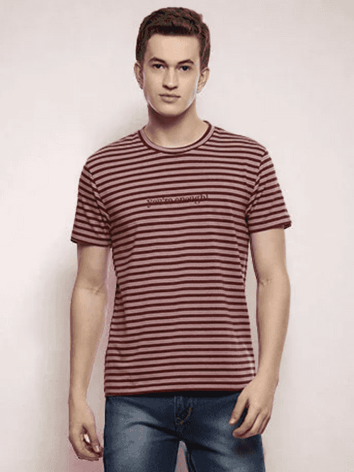 You're Enough Men's Maroon Embroidered Stripes T-shirt
