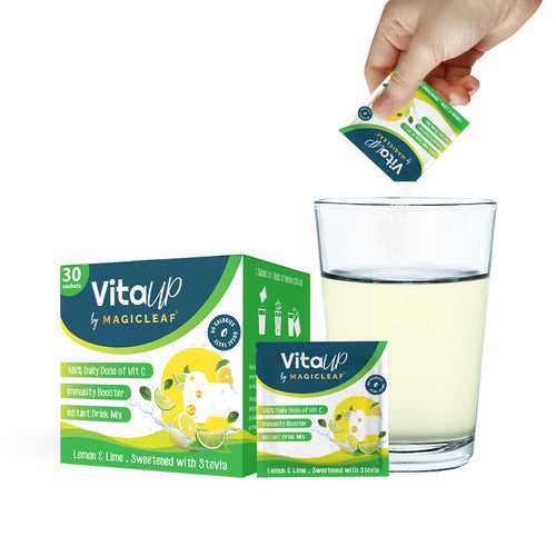 VitaUp Natural Vitamin C Sachets (🍋 Zesty Lemon & Lime Flavor) by Magicleaf (30 Sachets Box) | Immunity Booster | Sweetened With Himalayan Stevia Leaves