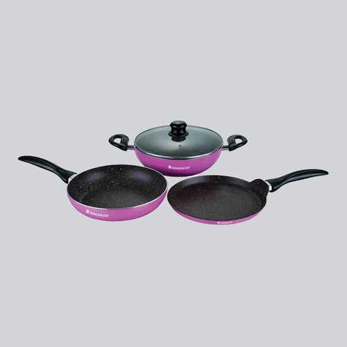 Athena Aluminium Non-Stick Cookware Set of 4 | Kadhai with Glass Lid 24cm, Fry Pan 24cm & Dosa Tawa 25cm | Induction Friendly Cookware | Cool Touch Bakelite Handle | Pure Grade Aluminium | PFOA Free | 2 Year Warranty | Pink