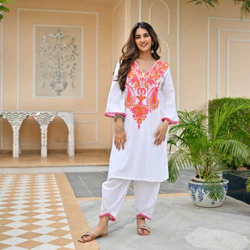 Bunaai White Pink Embroidered Co-ord Set