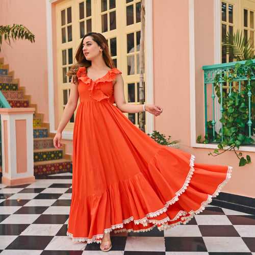 Bunaai Orange Rose Cotton Dress