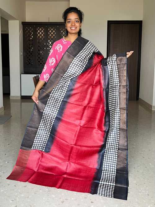 Red and Black Tussar Silk Saree with Prints