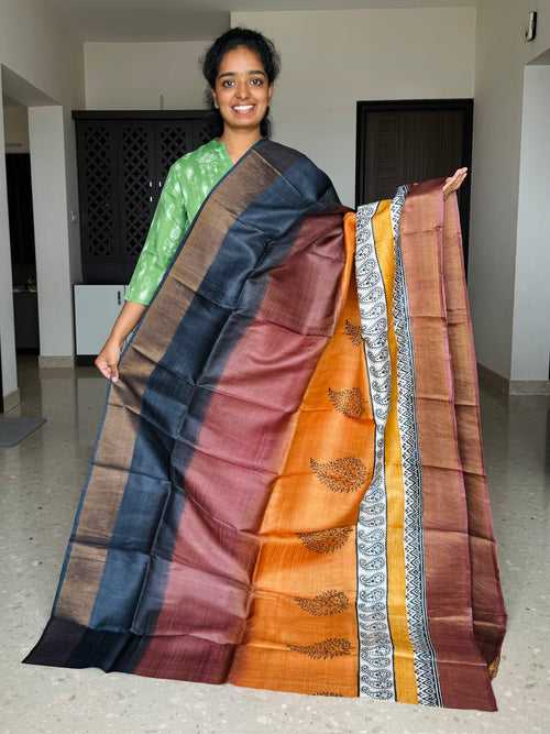 Black,Brown and Orange Tussar Silk Saree with Prints