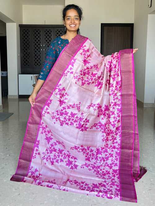 Pink Tussar Silk Saree with Prints