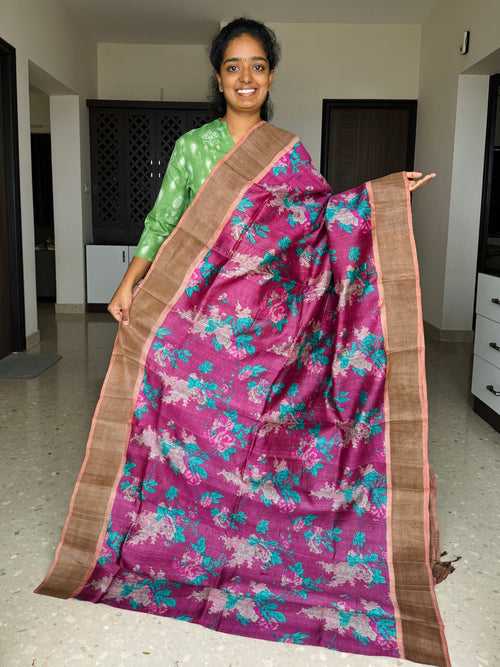 Wine and Peach Tussar Silk Saree with Prints