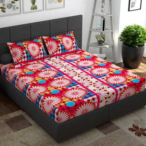 Ventura 144 TC 100% Cotton Red Floral Double Bedsheet