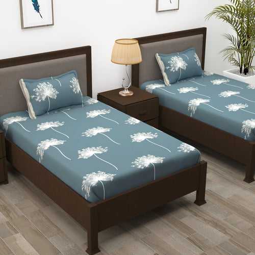 Story@Home 210 TC 100% Cotton Blue & White 2 Single Bedsheet Combo with 2 Pillow Covers