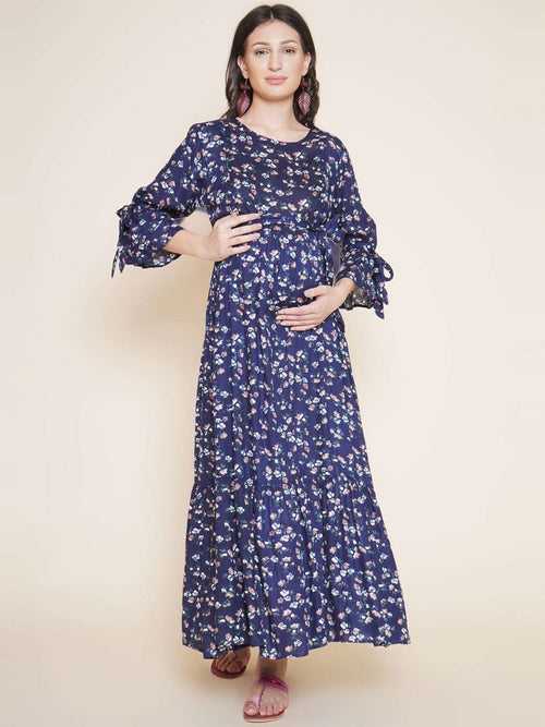 Navy Blue Floral Maternity and Nursing Maxi Dress