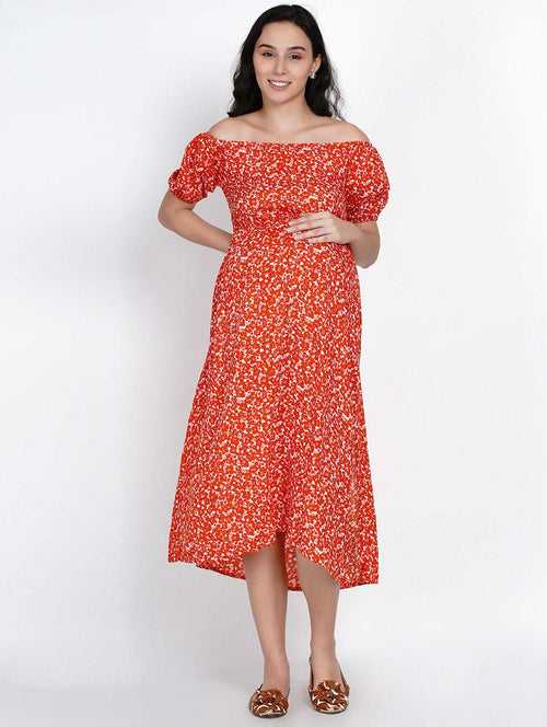 Orange Floral Print Maternity and Nursing Midi Dress